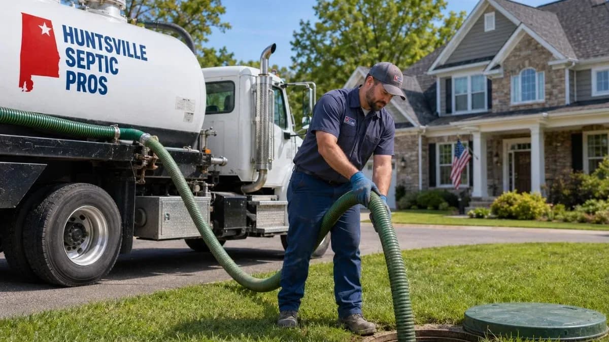 Septic tank pumping truck servicing a Huntsville home